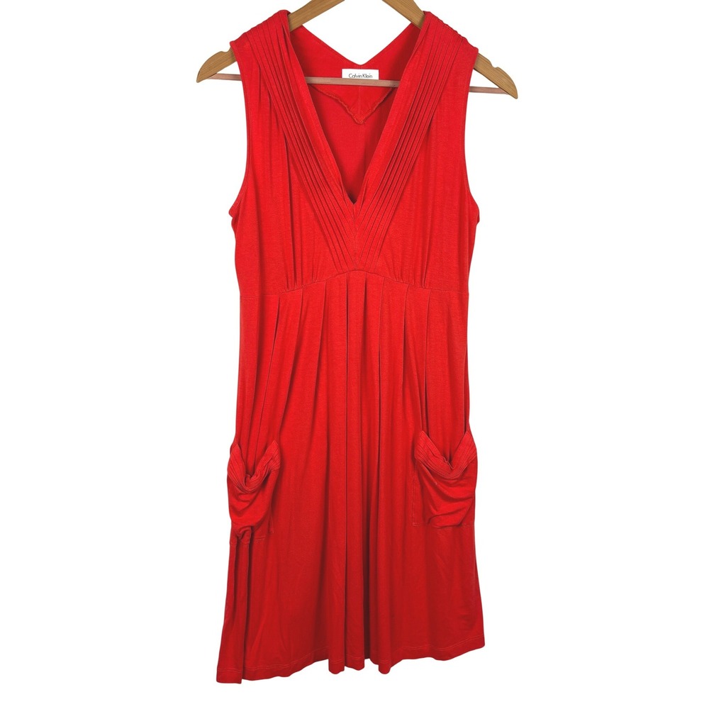 Calvin‎ Klein Womens Sleeveless Empire Midi Pocket Dress Sz M Red Casual Comfort